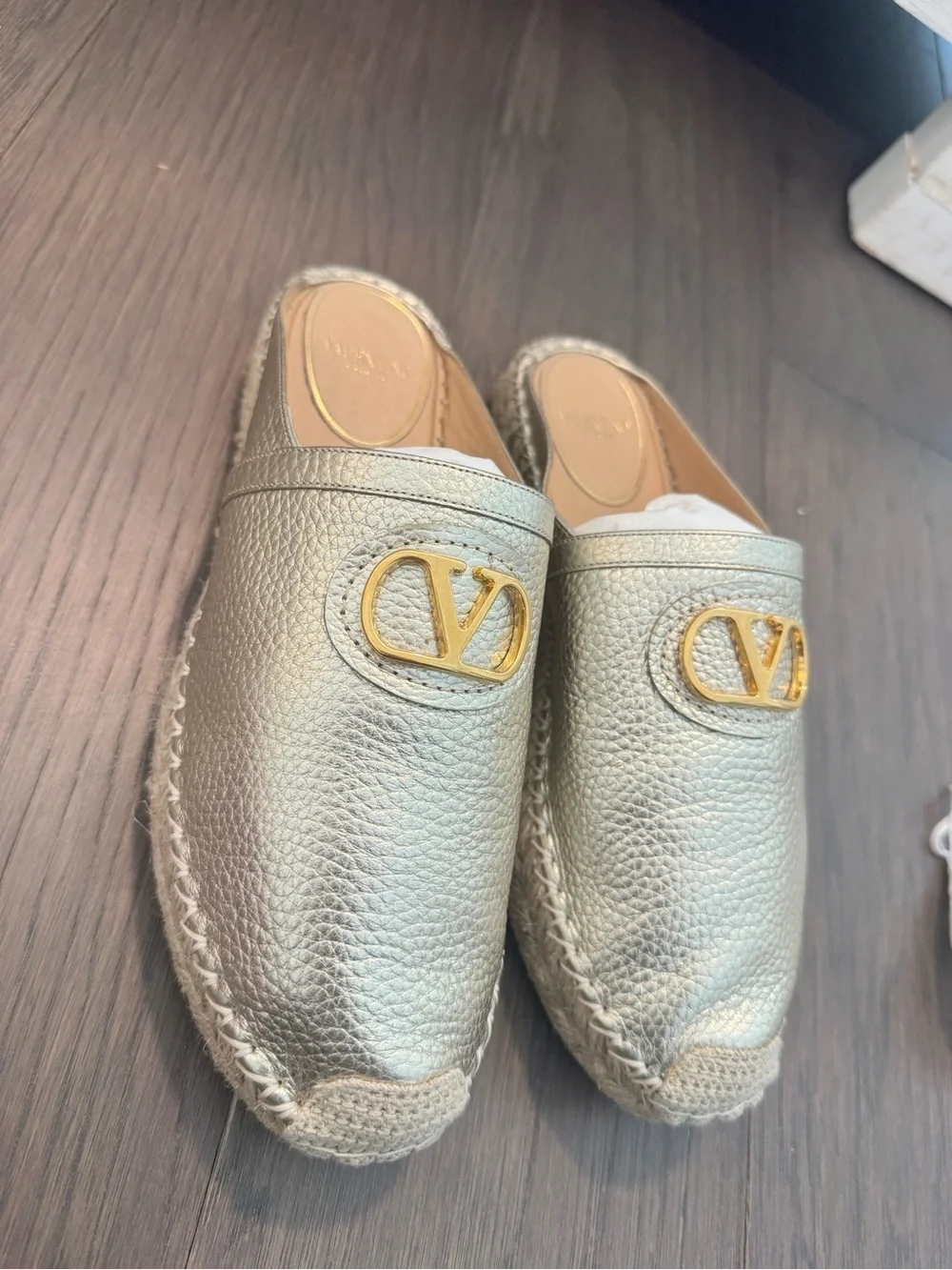 Valentino Garavani Gold Pebbled Leather Slip-On Loafers with Gold Logo